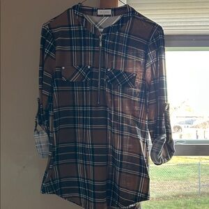 Women's Navy and Brown Plaid Button-Down Shirt